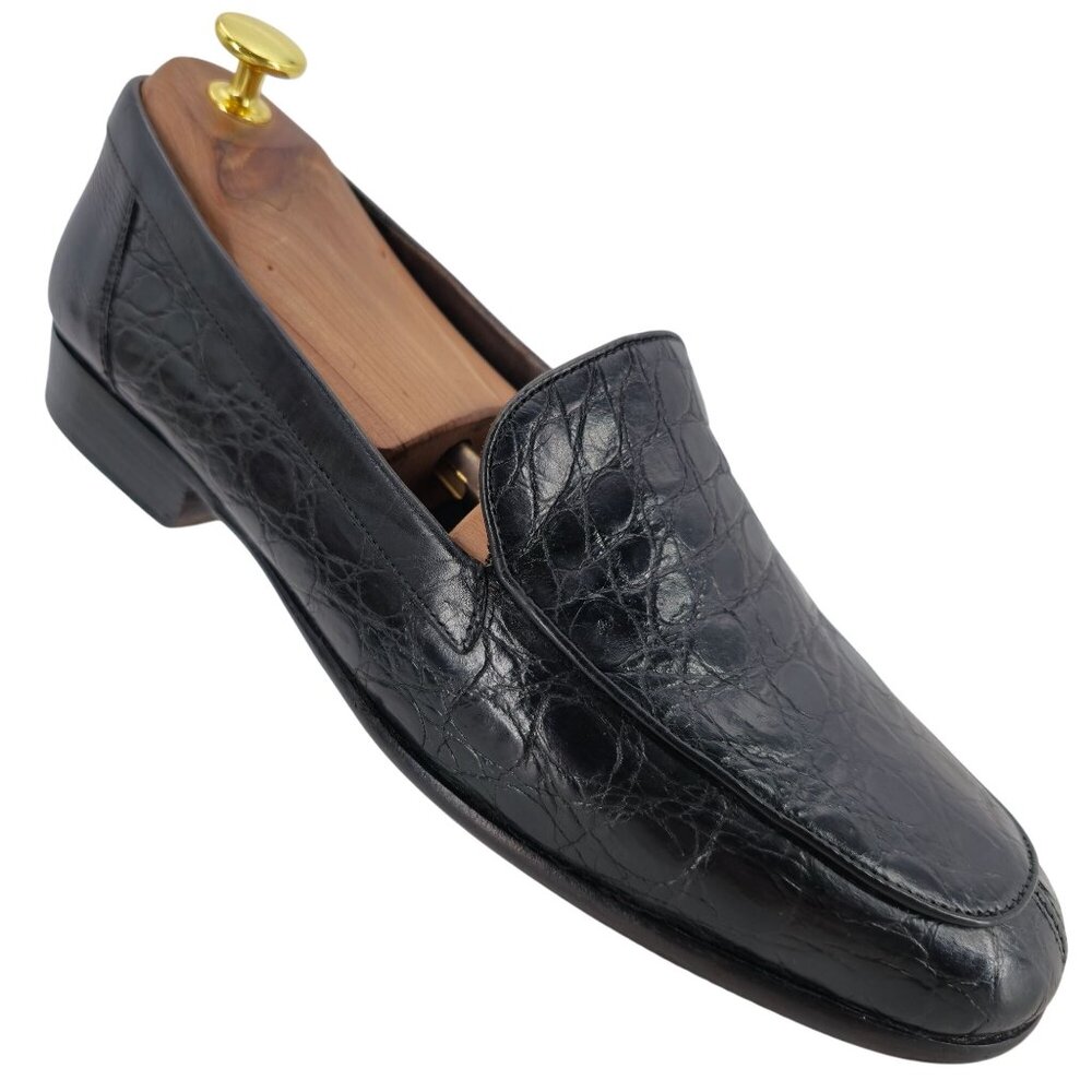 Vintage Bragano Exotic Crocodile Italy Men 9.5 Black Leather Dress Shoes Loafers